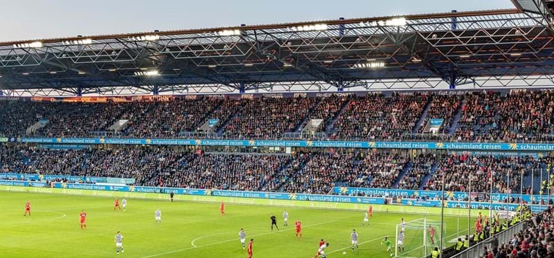 LED lighting | Stadium lighting | football MSV Duisburg corner view with crowd zoomed in