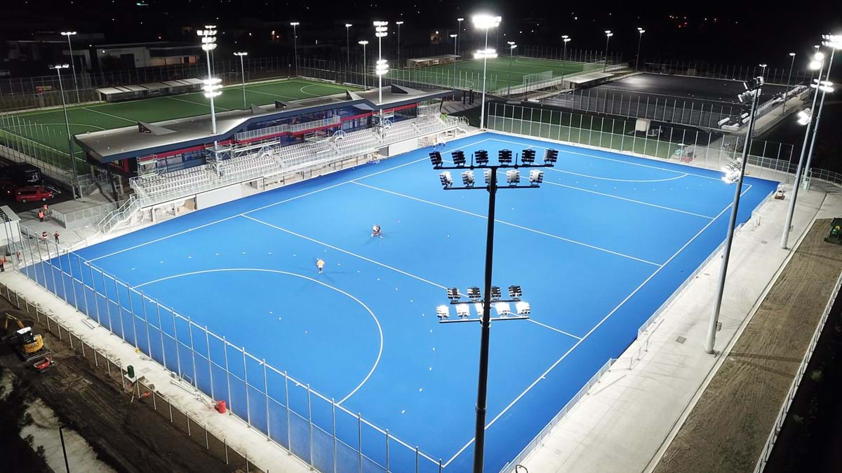 LED lighting sport | hockey stadium drone image North Harbour